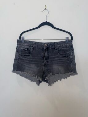 American Eagle Outfitters Faded Black Frayed Hem Mid-Rise Denim Shorts